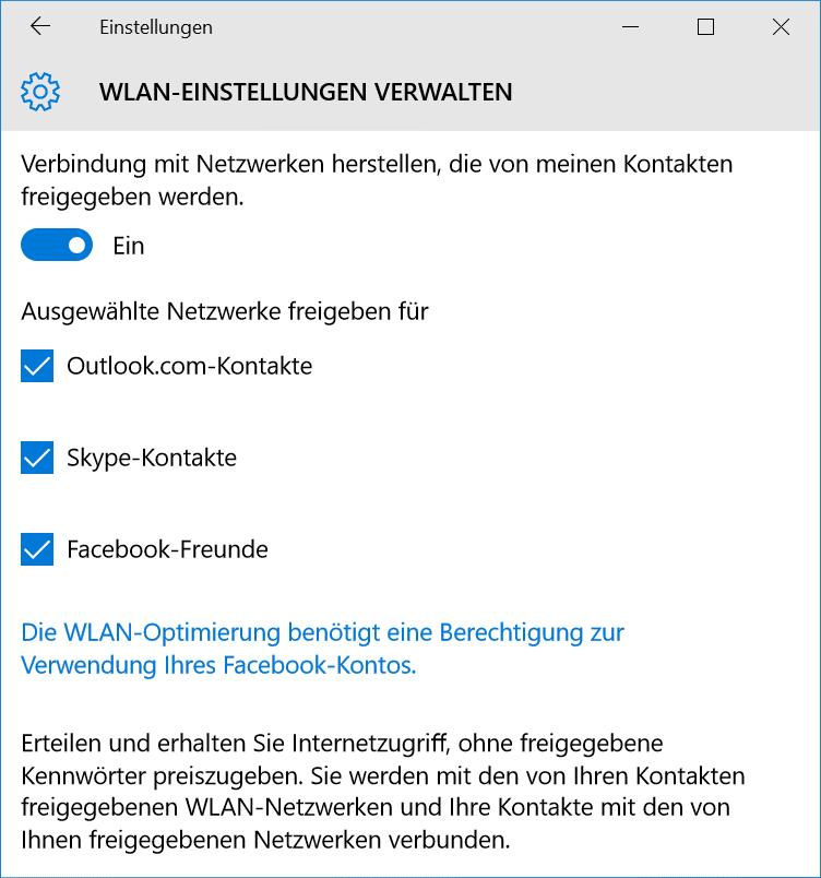 WLAN Freigabe für Facebook-Kontakte unter Windows 10 aktivieren und deaktivieren