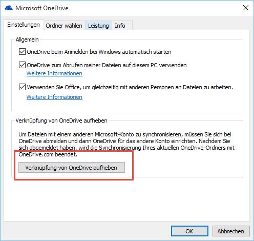 OneDrive - Verknüpfung mit Windows 10 aufheben