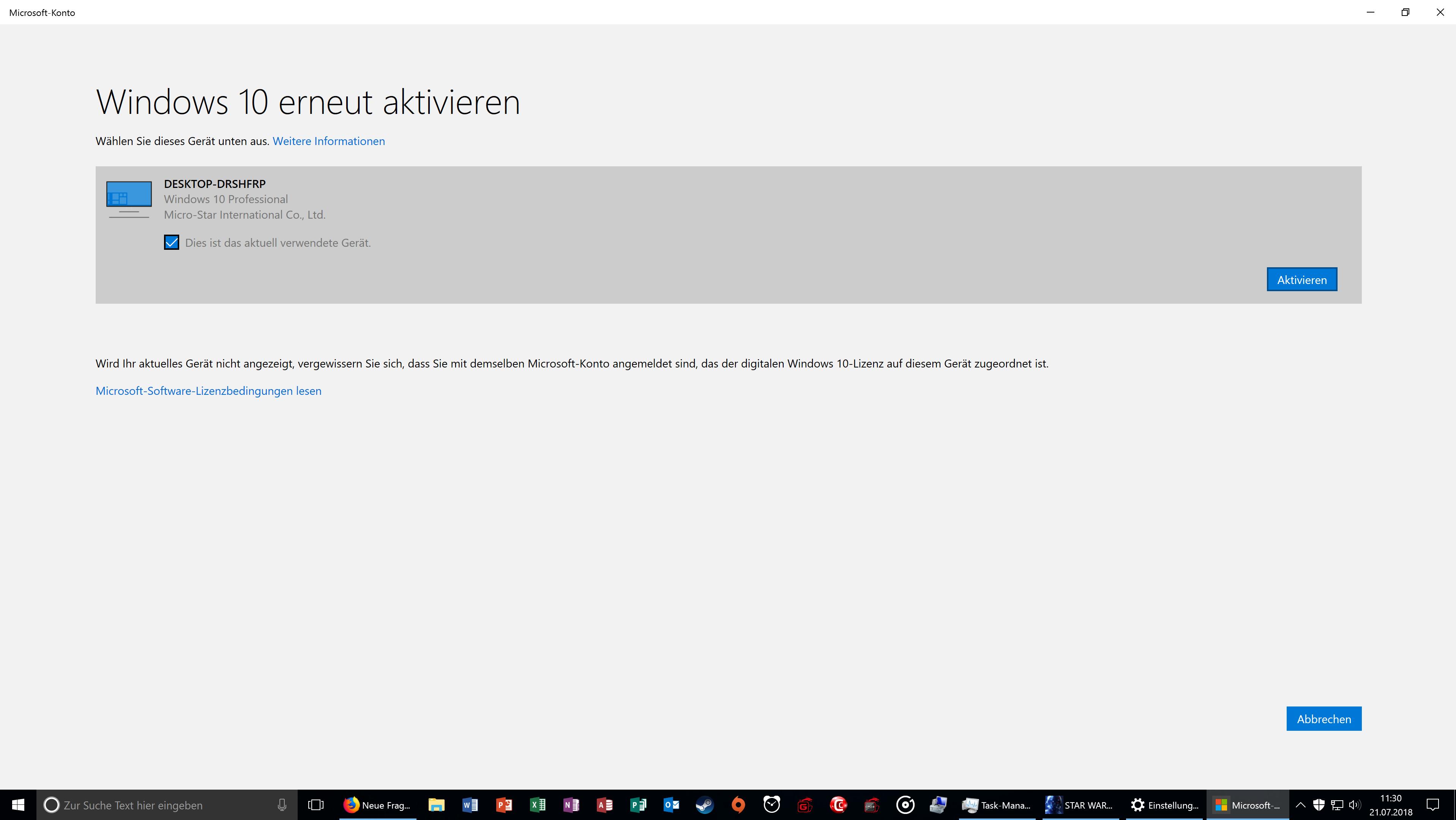 Windows 10 nach Hardwarewechsel neu aktivieren