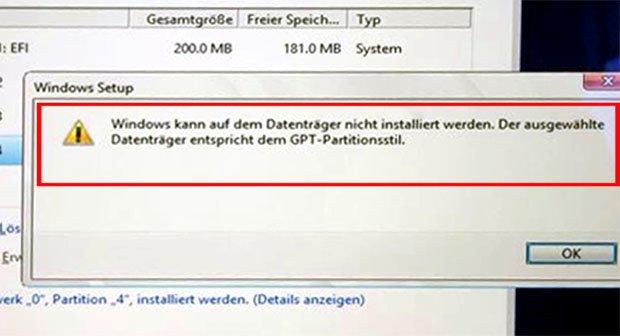 Windows 10 kann auf dem Datenträger nicht installiert werden - MBR Fehler beheben