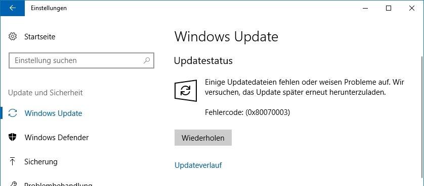 Fehler 0x80070003 beim Windows Update - Lösung