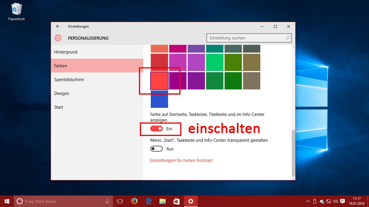 Farbe der Taskleiste- und Symbole Windows 10 ändern